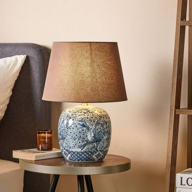 Wyld and Coco Bluehaven Blue White Porcelain Bedside Lamp Brown Linen Shade 53cm - image 1