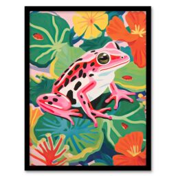 Artery8 Wall Art Print Pink Frog on Lily Pads Vibrant Oil Painting Pond with Amphibian & Blooming Flowers Artwork Framed - Size: A4 - thumbnail 1