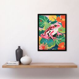 Artery8 Wall Art Print Pink Frog on Lily Pads Vibrant Oil Painting Pond with Amphibian & Blooming Flowers Artwork Framed - Size: A4 - thumbnail 4
