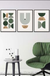 ARTZE Mid Century Geometric in Green & Gold Framed Wall Art - Medium in Black - Size: W45 cm x H62 cm x D20mm