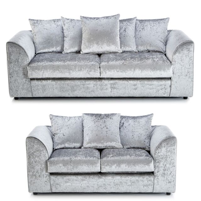 Furnishings For Less UK Crystal Crushed Velvet Sofa Set 3 & 2 Seater Sofa Scatter Back Curved Arm in Silver - image 1