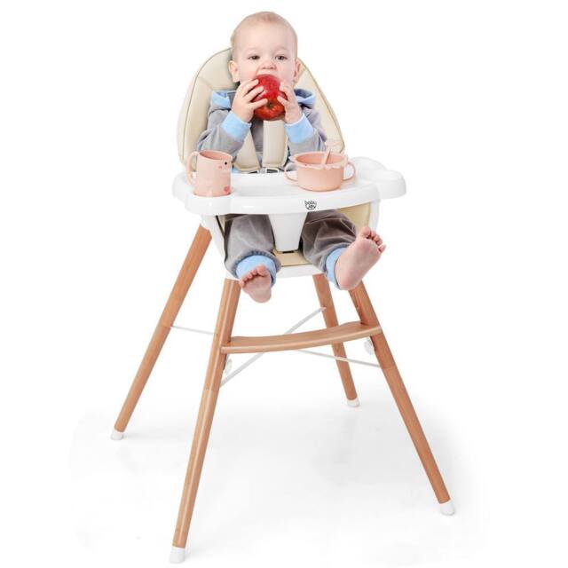 Costway Wooden Toddler Dining Chair Highchair With 5 Point Harness in Beige - image 1