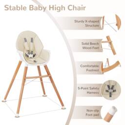 Costway Wooden Toddler Dining Chair Highchair With 5 Point Harness in Beige - thumbnail 5