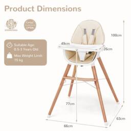 Costway Wooden Toddler Dining Chair Highchair With 5 Point Harness in Beige - thumbnail 2