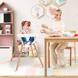 Costway Wooden Toddler Dining Chair Highchair With 5 Point Harness in Beige - thumbnail 4