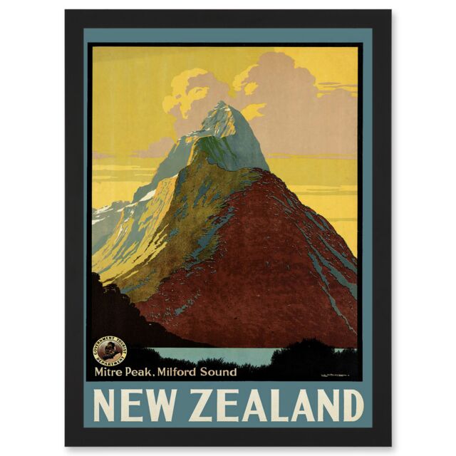 Artery8 Milford Sound New Zealand Landscape Vintage Travel Mitre Peak A4 Artwork Framed Wall Art Print in Black - image 1