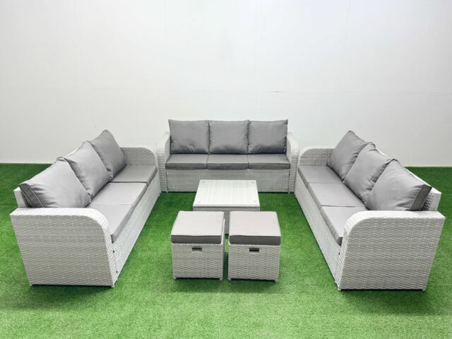 Fimous PE Rattan Lounge Sofa Set 11 Seater Outdoor Garden Furniture Set with Square Coffee Table 3 Seater Sofa 2 Stools Light Grey - image 1