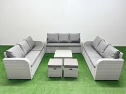 Fimous PE Rattan Lounge Sofa Set 11 Seater Outdoor Garden Furniture Set with Square Coffee Table 3 Seater Sofa 2 Stools Light Grey - thumbnail 1