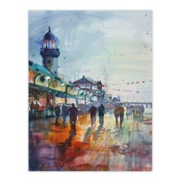 "Artery8 Evening Promenade Walk Watercolour Painting Wall Art Print in Blue - Size: W18"" x H24""" - thumbnail 1
