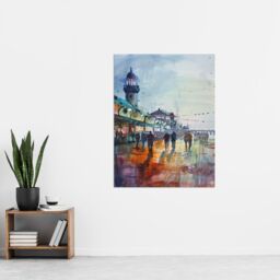 "Artery8 Evening Promenade Walk Watercolour Painting Wall Art Print in Blue - Size: W18"" x H24""" - thumbnail 4