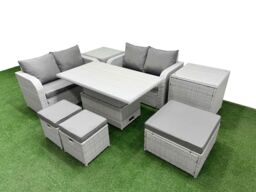 Fimous 7 Seater Outdoor Love Sofa Set Rattan Garden Furniture Set with Adjustable Lifting Dining or Coffee Table 3 Footstool 2 Side Tables Light Grey - thumbnail 1