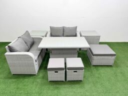 Fimous 7 Seater Outdoor Love Sofa Set Rattan Garden Furniture Set with Adjustable Lifting Dining or Coffee Table 3 Footstool 2 Side Tables Light Grey - thumbnail 2