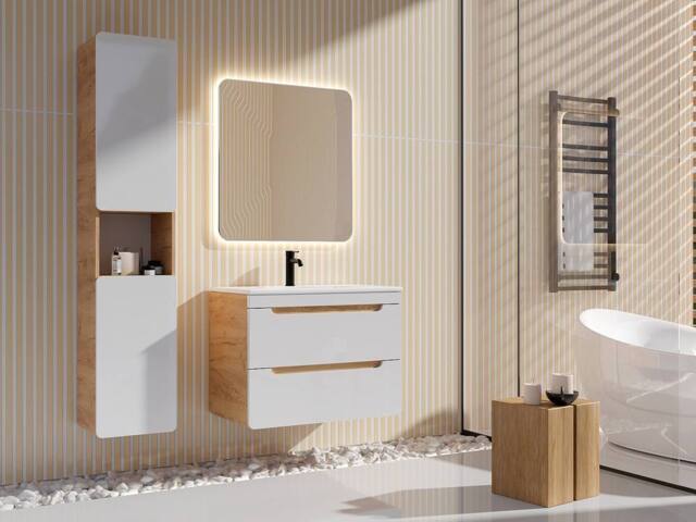 Vente-unique Wall-Hung Bathroom Unit With Inset Basin & Tall Unit - Natural and in Light Oak - image 1