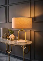 ValueLights Rachel Brushed Gold Arch Marble Base Table Lamp with Natural Shade in Off-White - thumbnail 2