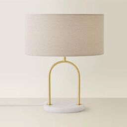 ValueLights Rachel Brushed Gold Arch Marble Base Table Lamp with Natural Shade in Off-White - thumbnail 3