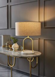 ValueLights Rachel Brushed Gold Arch Marble Base Table Lamp with Natural Shade in Off-White