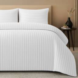 Pamposh Satin Stripes Duvet Cover Set Reversible Bedding Sets in White - Size: Super King - thumbnail 2