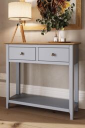 FWStyle Oak 2 Drawer Console Table Dove Grey Large Oak Top Painted Finish - thumbnail 1