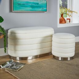 Home Source Set 2 Storage Ottoman Boucle Teddy Fur Footstool Bedroom Bench Storage in White - Size: 2 Pack