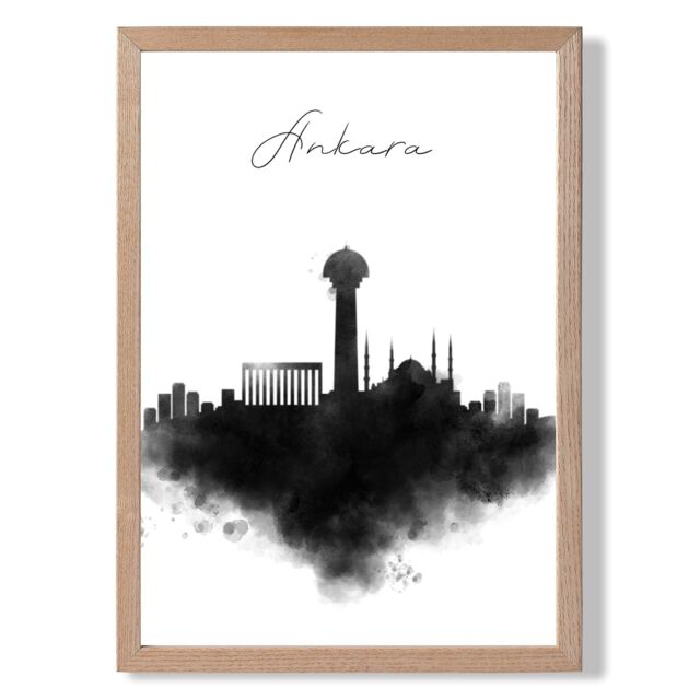 ARTZE Ankara Watercolour Skyline City Framed Print SIZE: A2 with Oak Frame in Black - Size: A4 - image 1