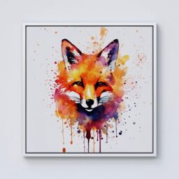 "Warren Reed - Designer Watercolour Splashart Fox Face Framed Canvas in Off-White - Size: W30"" x H30""" - thumbnail 1