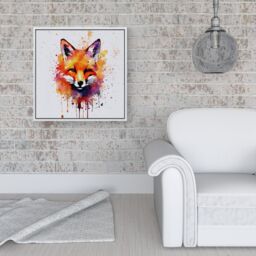 "Warren Reed - Designer Watercolour Splashart Fox Face Framed Canvas in Off-White - Size: W30"" x H30""" - thumbnail 2