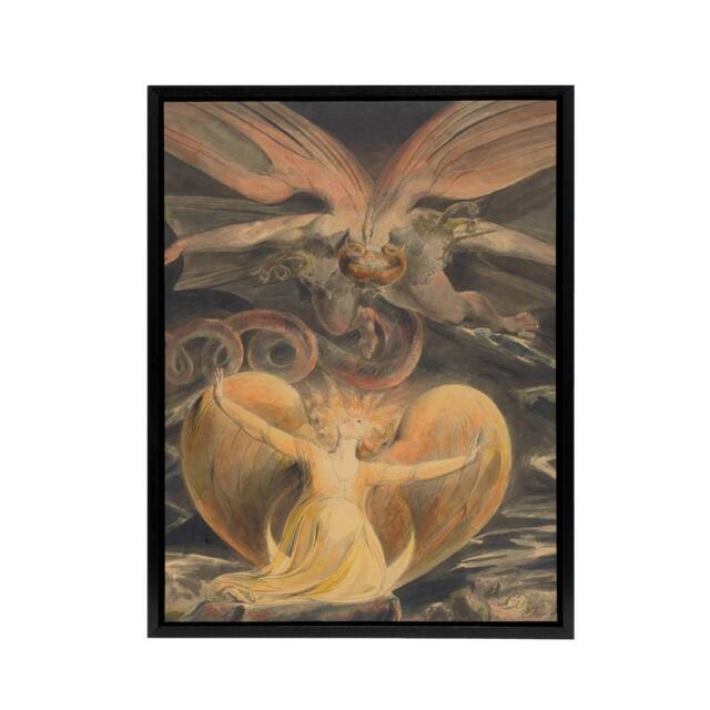 "Artery8 Great Red Dragon & Sun Clothed Woman Blake Framed Canvas Wall Art - Size: W12"" x H16""" - image 1