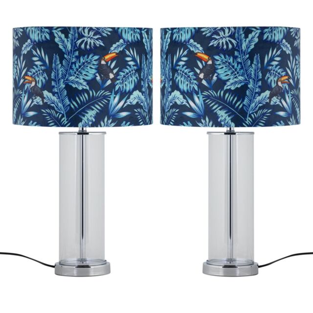 First Choice Lighting Set of 2 Aura - Chrome Table Lamps with Toucan Velvet Shades in Silver - image 1