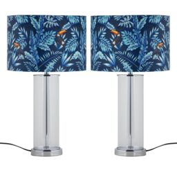 First Choice Lighting Set of 2 Aura - Chrome Table Lamps with Toucan Velvet Shades in Silver