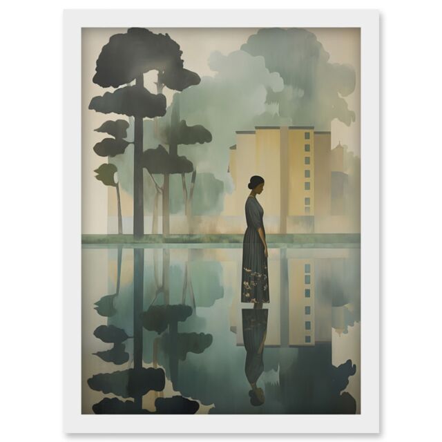 Artery8 Wall Art Print Reflecting & Reflection of Calm Artwork Modern Simple Calming Soft Painting Flat Lake Trees Artwork Framed A4 in White - image 1