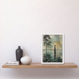 Artery8 Wall Art Print Reflecting & Reflection of Calm Artwork Modern Simple Calming Soft Painting Flat Lake Trees Artwork Framed A4 in White - thumbnail 2