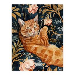 "Artery8 Cat Lover Moggie Pet in Rose Garden Watercolour Wall Art Print in Dark Blue - Size: W12"" x H16""" - thumbnail 1
