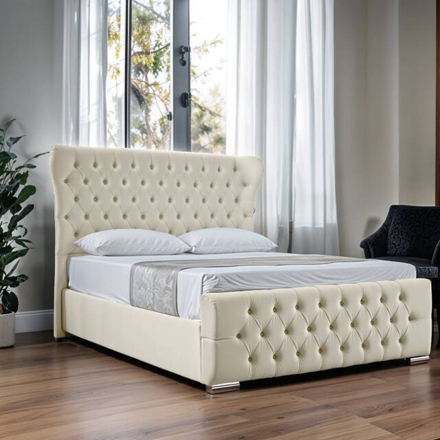 UK Bed Furniture Isabella Ottoman Gas Lift Upholstered Bed with 48 Inch Wing Headboard in Cream - Size: Double - image 1