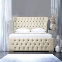 UK Bed Furniture Isabella Ottoman Gas Lift Upholstered Bed with 48 Inch Wing Headboard in Cream - Size: Double - thumbnail 2