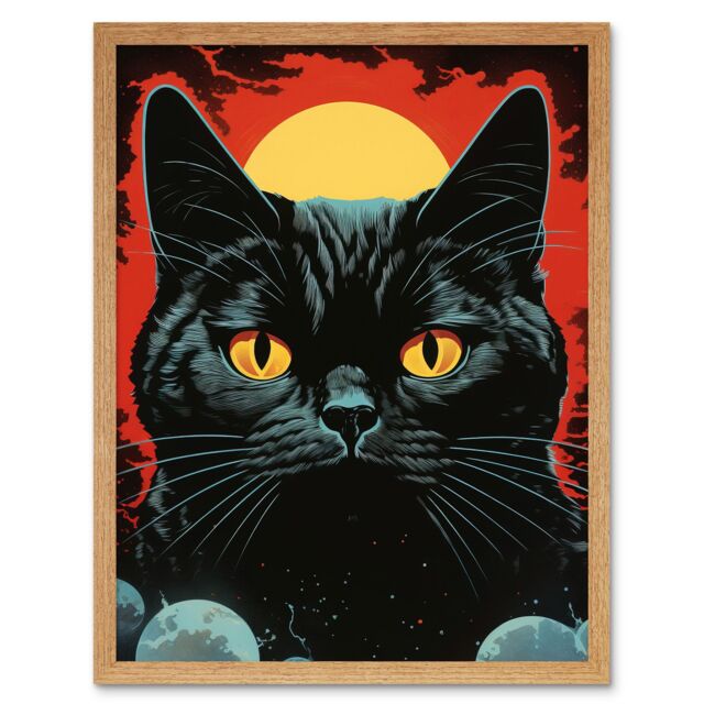 Artery8 Wall Art Print In the Shadow of the Celestial Black Cat Vintage Pulp Art Sci-Fi Cover Artwork Red Yellow Blue Solar Eclipse Art Framed - image 1