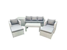 Fimous Rattan Garden Furniture Set 7 Seater Outdoor Garden Sofa 2 Chairs Oblong Coffee Table Set with 2 Stools Side Table Light Grey Mixed - thumbnail 1