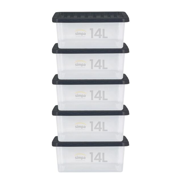 simpa 14L Stackable Compact Plastic Storage Boxes - Set of 5 in Clear - image 1