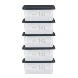 simpa 14L Stackable Compact Plastic Storage Boxes - Set of 5 in Clear - thumbnail 1