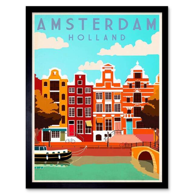 "Wee Blue Coo Amsterdam Holland Netherlands Canal Boat Houses Framed Wall Art Print - Size: W12"" x H16""" - image 1