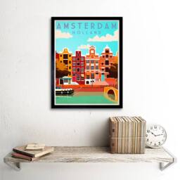 "Wee Blue Coo Amsterdam Holland Netherlands Canal Boat Houses Framed Wall Art Print - Size: W12"" x H16""" - thumbnail 2