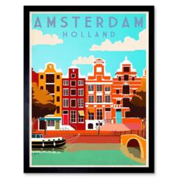 "Wee Blue Coo Amsterdam Holland Netherlands Canal Boat Houses Framed Wall Art Print - Size: W12"" x H16""" - thumbnail 1