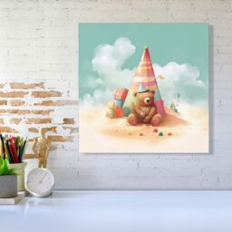 "Warren Reed - Designer A Bear On A Beach Holiday Canvas in Yellow - Size: W16"" x H16""" - thumbnail 2