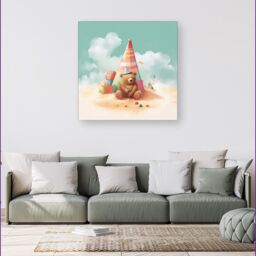 "Warren Reed - Designer A Bear On A Beach Holiday Canvas in Yellow - Size: W16"" x H16""" - thumbnail 4