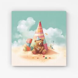 "Warren Reed - Designer A Bear On A Beach Holiday Canvas in Yellow - Size: W16"" x H16""" - thumbnail 1