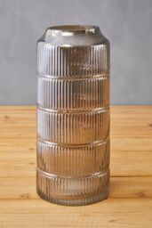 Orsina Modern Large Grey Textured Glass Vase, Ribbed Design Flower Vase for Contemporary Spaces, Modern Large Vase - thumbnail 2