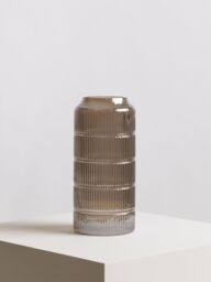 Orsina Modern Large Grey Textured Glass Vase, Ribbed Design Flower Vase for Contemporary Spaces, Modern Large Vase - thumbnail 3