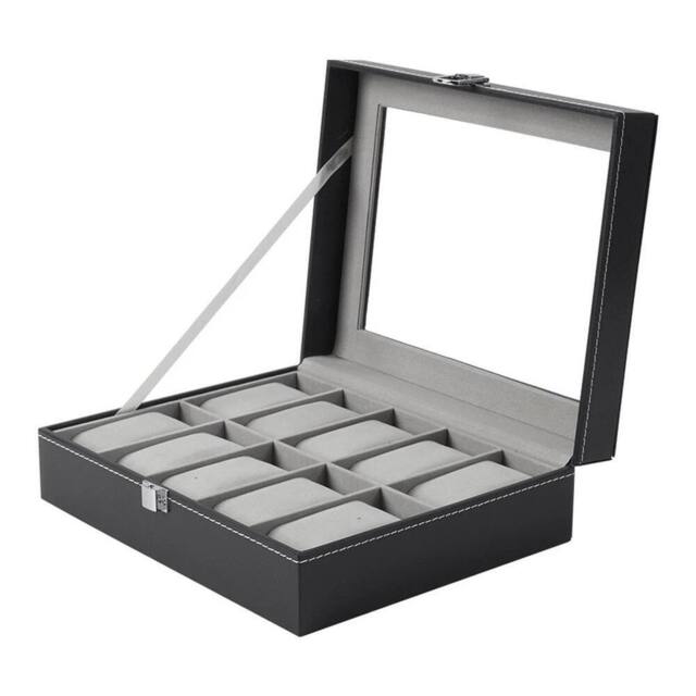 KORVIXA Watch Display 10 Grids Box Lockable Case Faux Leather Jewellry Storage in Black - Size: 900mm - image 1
