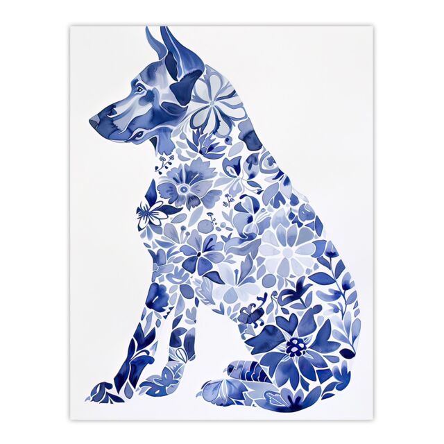 "Artery8 Floral Pattern German Shepherd Dog Lover Design Wall Art Print in Blue - Size: W12"" x H16""" - image 1