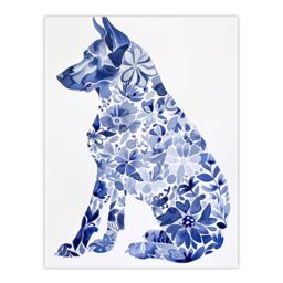 "Artery8 Floral Pattern German Shepherd Dog Lover Design Wall Art Print in Blue - Size: W12"" x H16""" - thumbnail 1