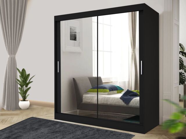RAC3 Sliding Mirror Wardrobe with Drawers - Modern Bedroom Storage 150 cm in Black - image 1